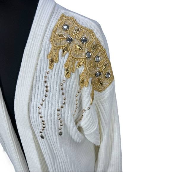 VTG 90's Liebe USA Cream/Ivory Mid Length Cardigan w/ Gold Lace & Gems One Size - Picture 2 of 8
